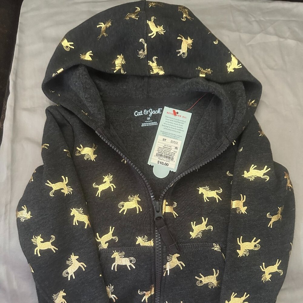 Cat & Jack Gold Foil Unicorn Zip Up Hoodie-3T